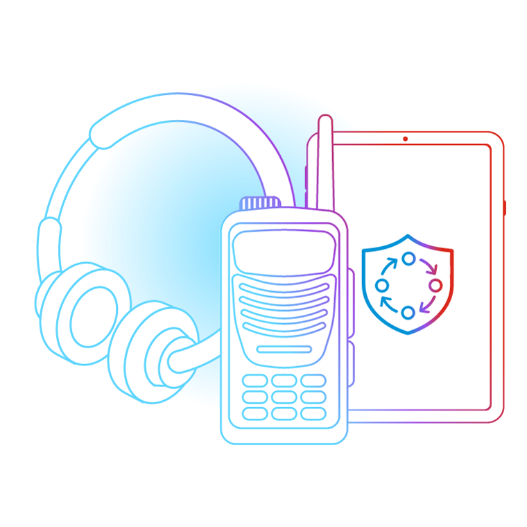 Headphones, walkie talkie and tablet graphic