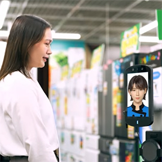 Woman talking to an AI robot