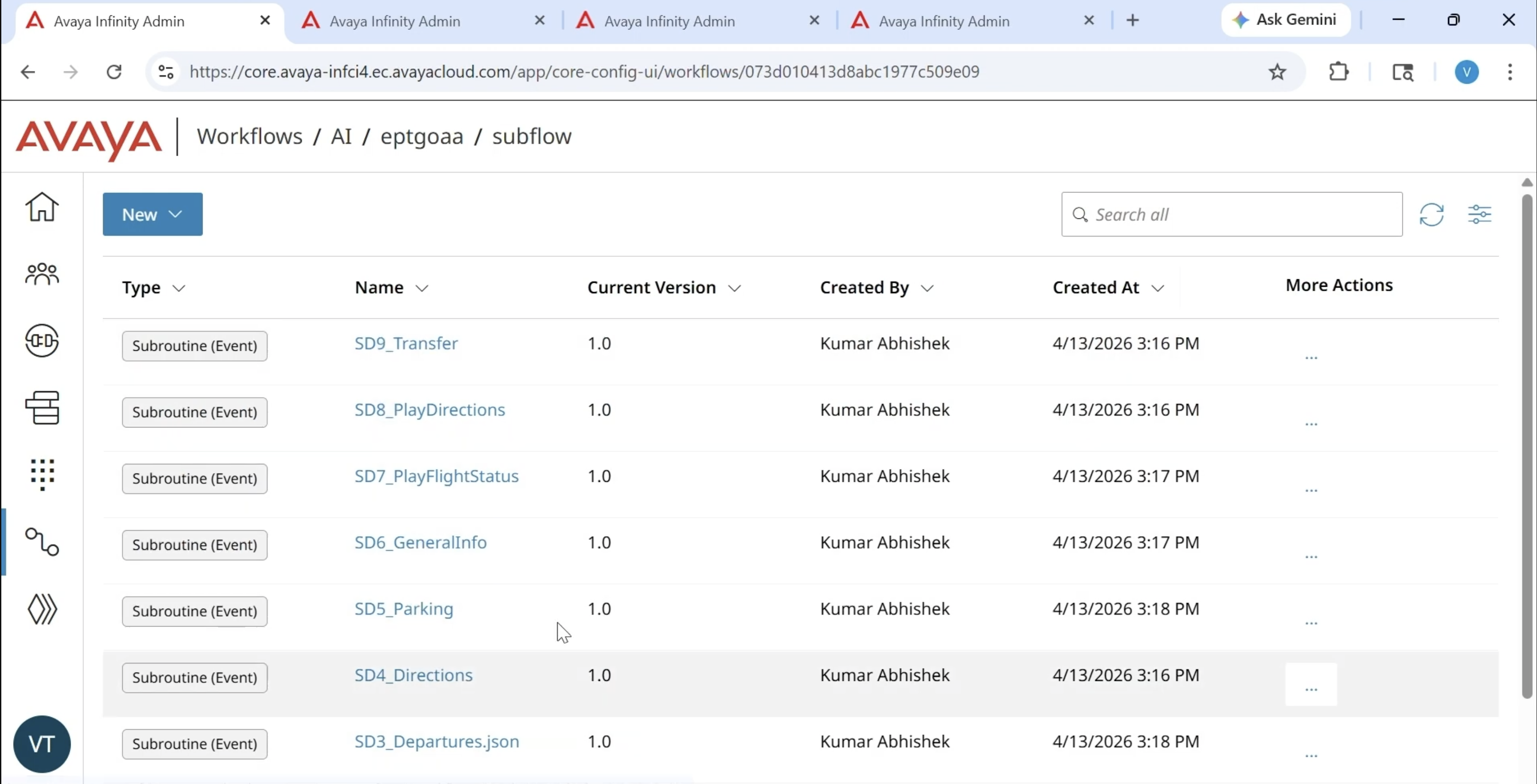 Generated workflows after import into Avaya Infinity.