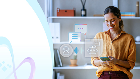 Woman looking at phone and then Infinity symbol representing endless possibilities of artificial intelligence