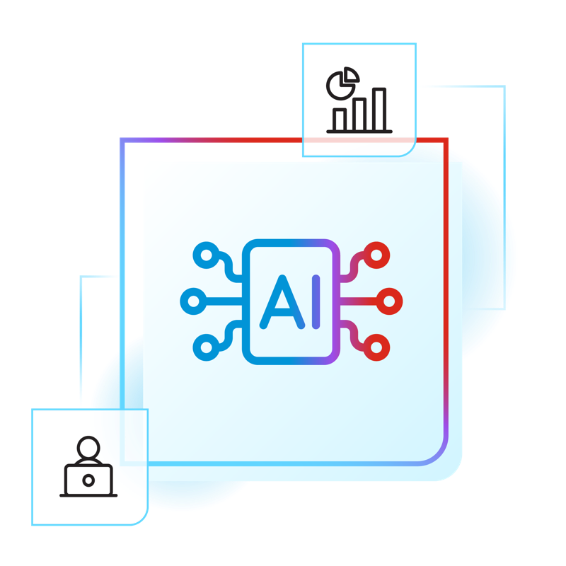 Illustration of an AI processor connected to analytics and agent workflows