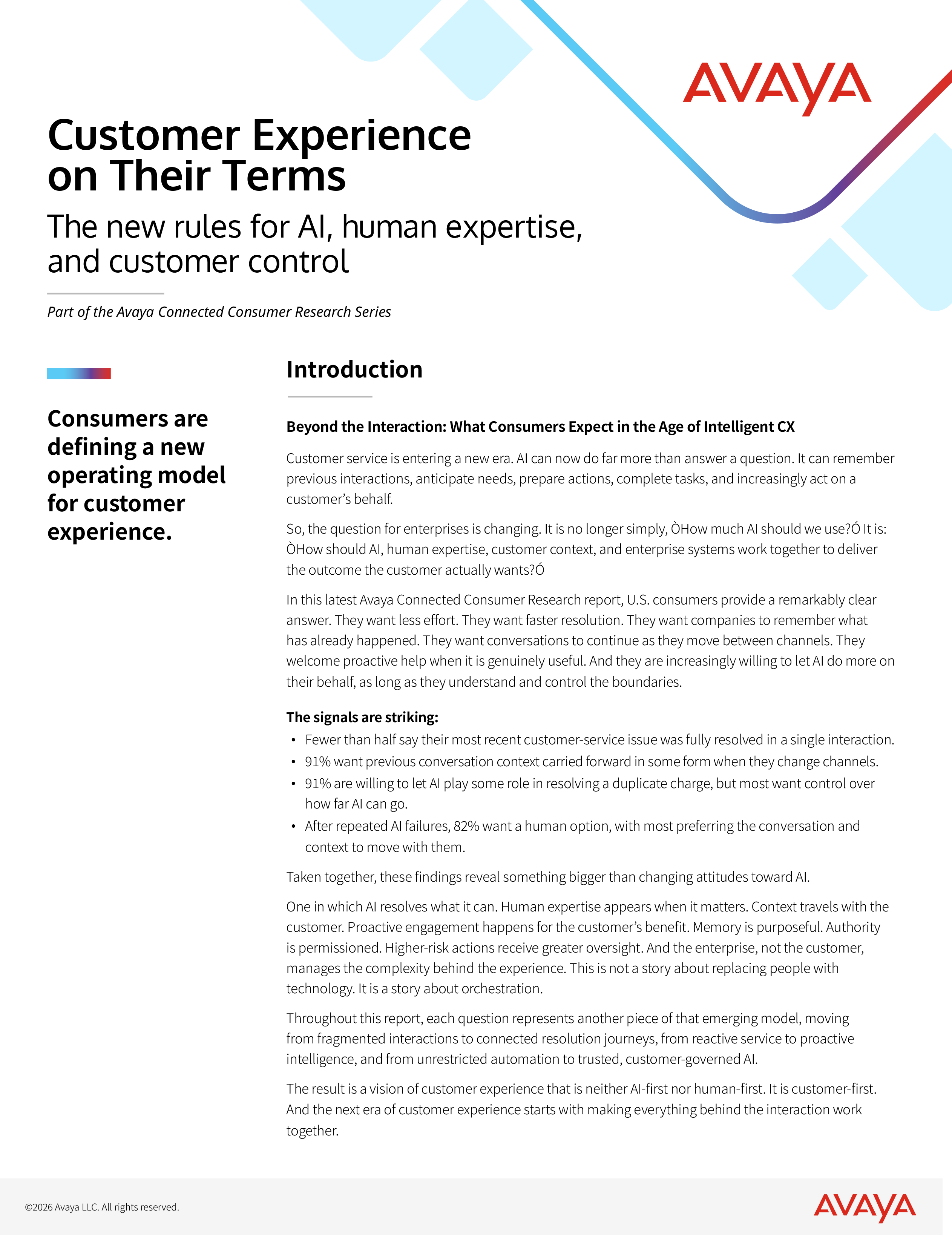First page of the Avaya report Customer Experience on Their Terms: The new rules for AI, human expertise, and customer control