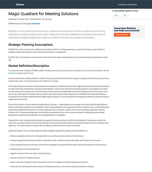 Gartner Magic Quadrant for Meeting Solutions Cover